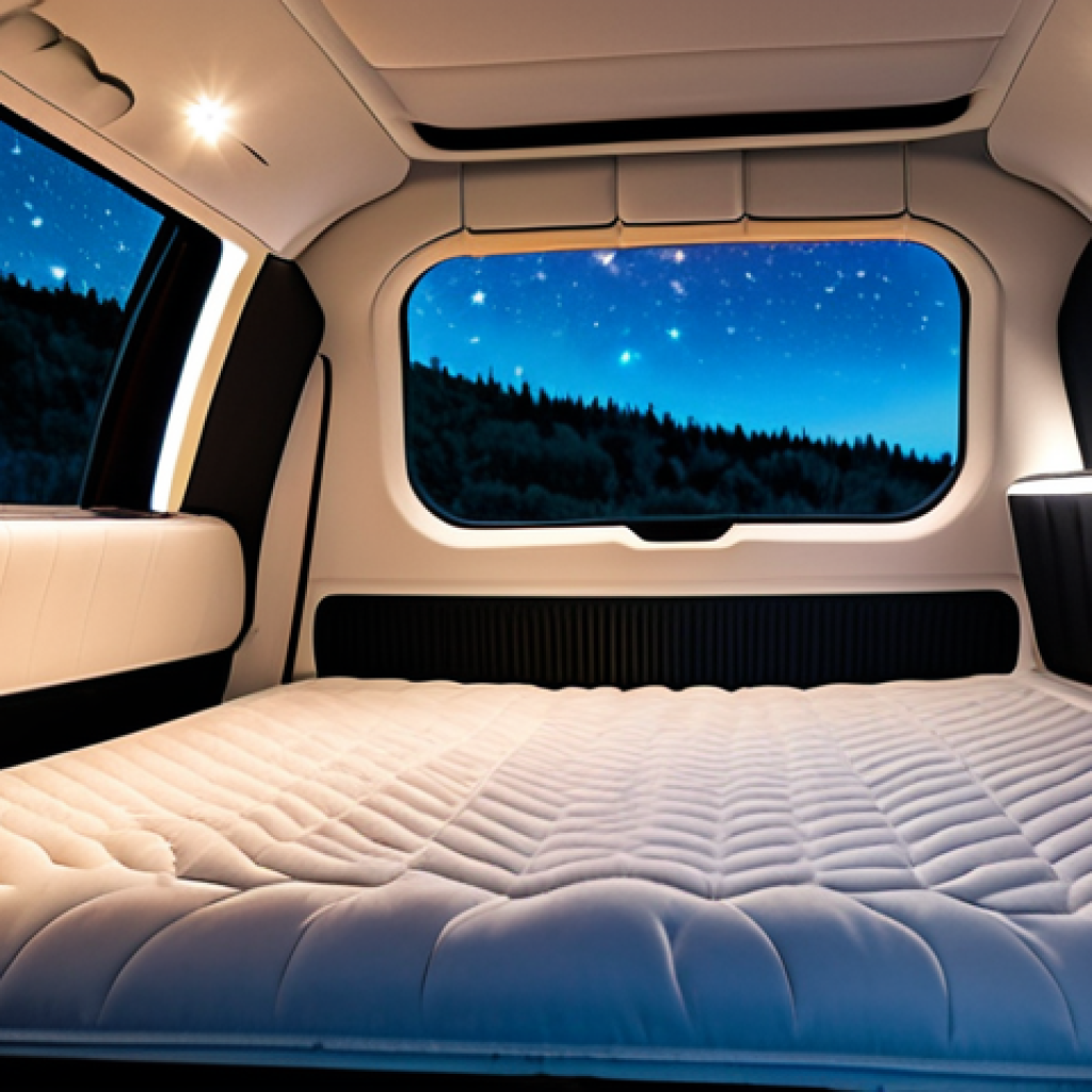 A serene and luxurious interior of a Tesla Model Y transformed into a comfortable sleeping area. A neatly made inflatable mattress with soft bedding occupies the flat rear space. Subtle, warm ambient LED lighting illuminates the cabin, with a clear starry night sky visible through the panoramic glass roof. Small, well-organized travel essentials are discreetly placed, highlighting smart storage. Photorealistic, professional photography, high detail, perfect composition, natural lighting, safe for work, appropriate content, fully clothed, family-friendly, perfect anatomy, correct proportions, natural pose.