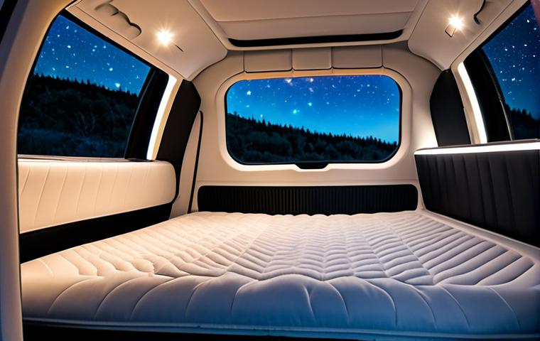 A serene and luxurious interior of a Tesla Model Y transformed into a comfortable sleeping area. A neatly made inflatable mattress with soft bedding occupies the flat rear space. Subtle, warm ambient LED lighting illuminates the cabin, with a clear starry night sky visible through the panoramic glass roof. Small, well-organized travel essentials are discreetly placed, highlighting smart storage. Photorealistic, professional photography, high detail, perfect composition, natural lighting, safe for work, appropriate content, fully clothed, family-friendly, perfect anatomy, correct proportions, natural pose.