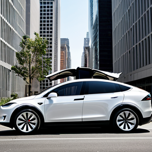 Tesla Model X**

"A sleek, modern Tesla Model X parked in a futuristic cityscape, fully clothed pedestrians admiring it, appropriate attire, safe for work, perfect anatomy, correct proportions, professional car photography, showcasing its innovative design, well-formed hands, proper finger count, natural body proportions, family-friendly."

**