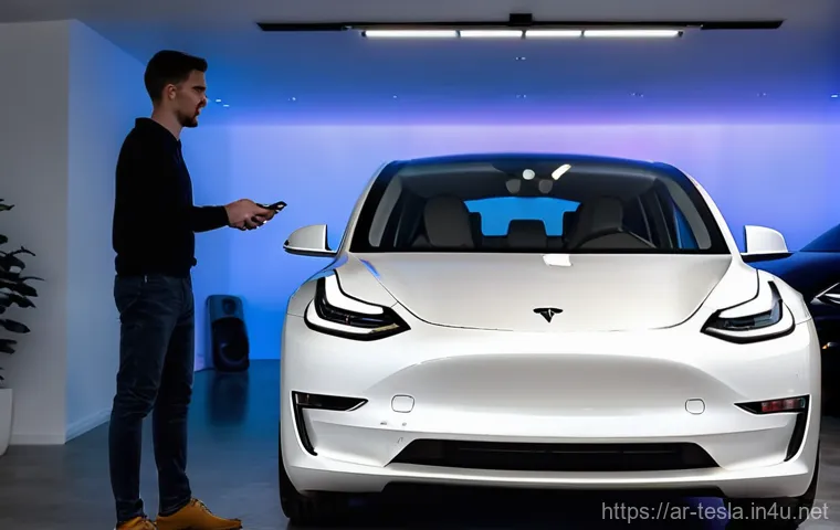 테슬라 전기차의 OTA 업데이트 기능 - **Prompt 1: The Magic of Over-the-Air Updates**
    A pristine, sleek white Tesla Model 3 is parked ...