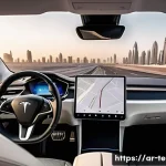 테슬라 차량의 자율주행 기술 발전 - **Prompt: Serene Commute in a Modern Arab City**
    A wide shot from inside a sleek, futuristic Tes...