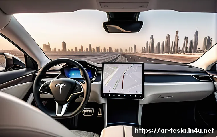 테슬라 차량의 자율주행 기술 발전 - **Prompt: Serene Commute in a Modern Arab City**
    A wide shot from inside a sleek, futuristic Tes...