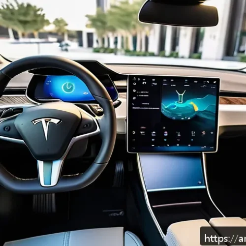 테슬라 전기차의 중고차 시세 - A detailed close-up of a Tesla Model 3 dashboard and interior in a modern car showroom, featuring th...
