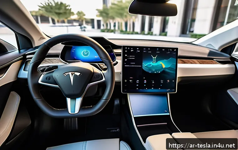 테슬라 전기차의 중고차 시세 - A detailed close-up of a Tesla Model 3 dashboard and interior in a modern car showroom, featuring th...