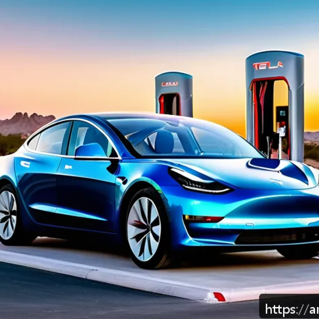 테슬라 전기차의 경쟁 모델 분석 - A sleek Tesla Model 3 electric car charging at a modern Supercharger station in a bustling Middle Ea...