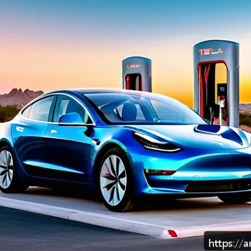 테슬라 전기차의 경쟁 모델 분석 - A sleek Tesla Model 3 electric car charging at a modern Supercharger station in a bustling Middle Ea...