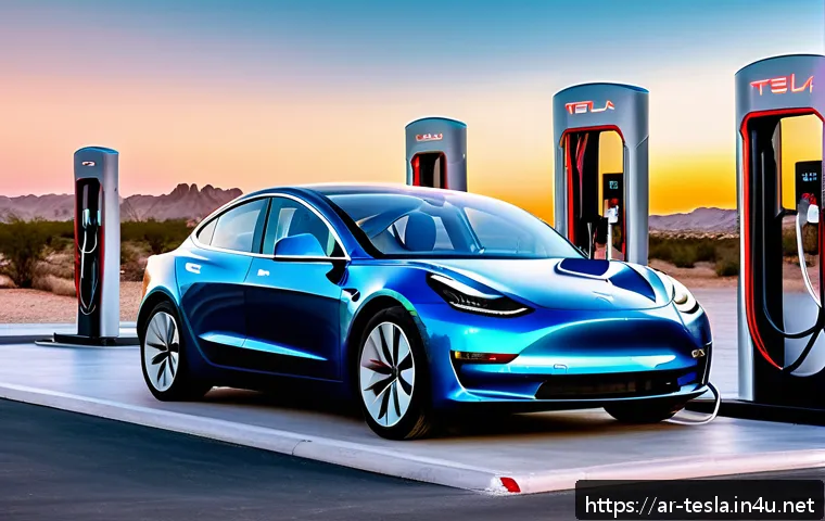 테슬라 전기차의 경쟁 모델 분석 - A sleek Tesla Model 3 electric car charging at a modern Supercharger station in a bustling Middle Ea...