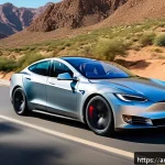 테슬라 모델 S 플래드의 고성능 리뷰 - A sleek Tesla Model S Plaid speeding dynamically on a winding mountain road in Saudi Arabia, showcas...