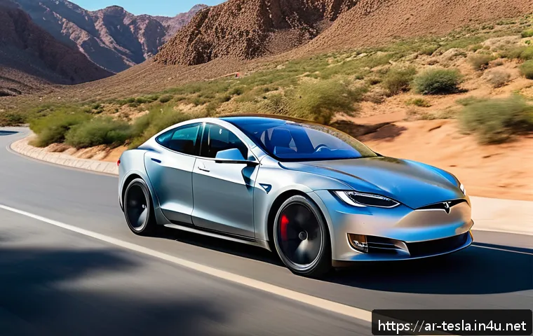 테슬라 모델 S 플래드의 고성능 리뷰 - A sleek Tesla Model S Plaid speeding dynamically on a winding mountain road in Saudi Arabia, showcas...